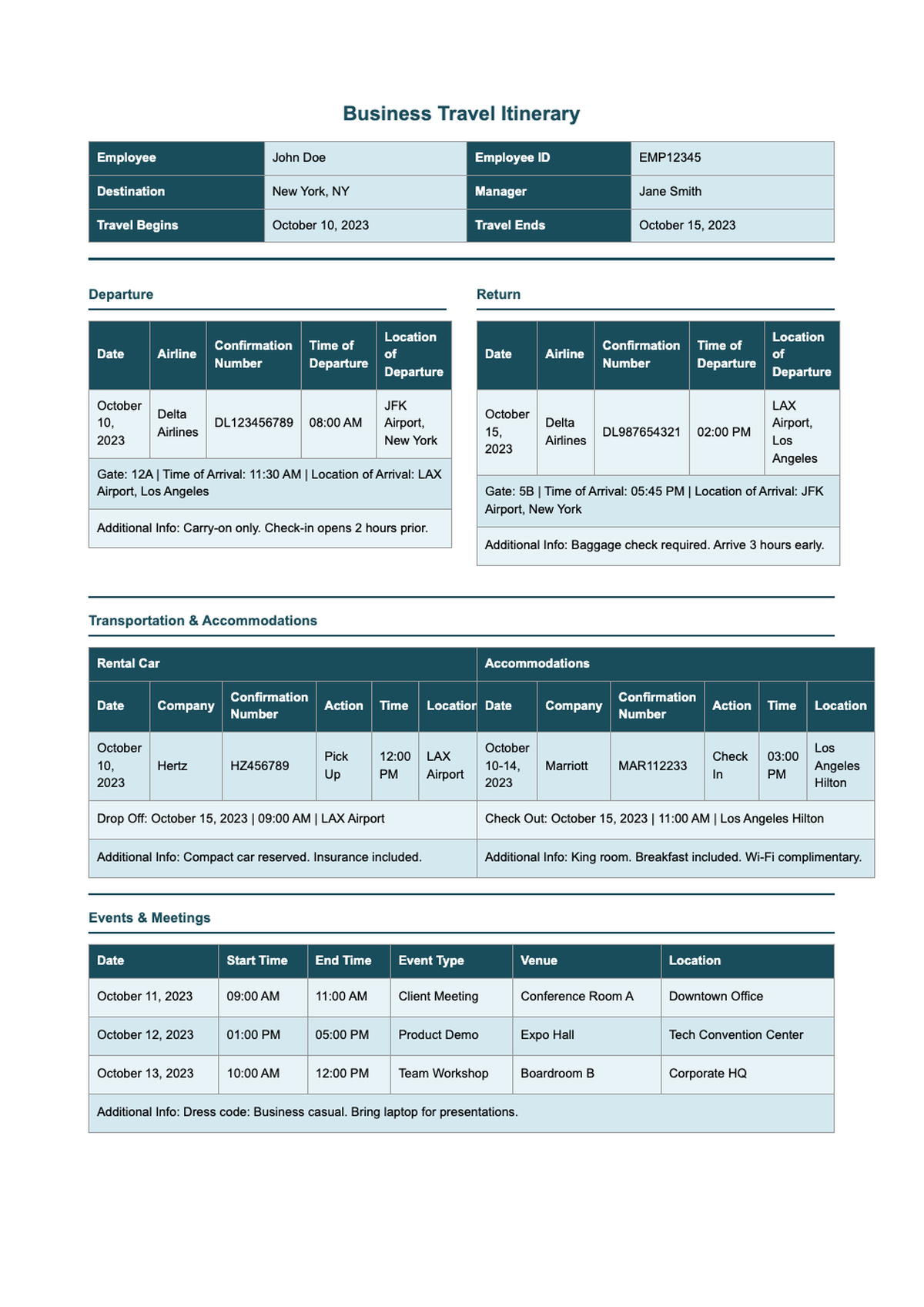 Business travel itinerary template with departure return rental car accommodations and events_variant_2